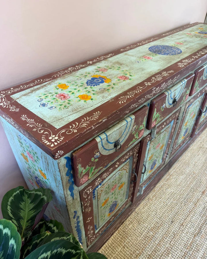 Vintage Hand-Painted Mango Wood Sideboard – 4 Doors, 4 Drawers, Turquoise Finish