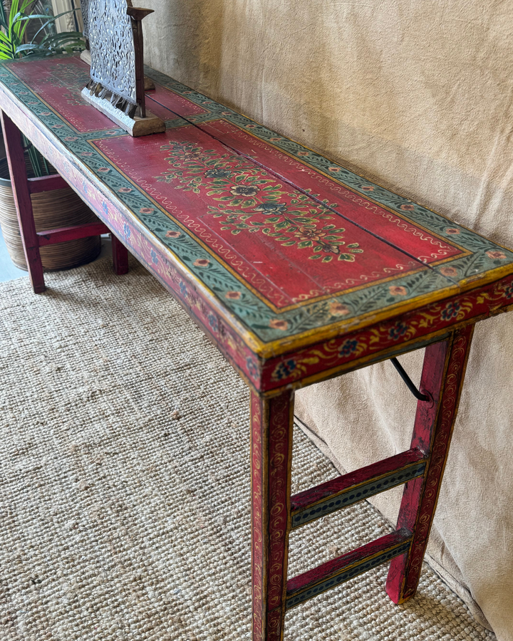 Vintage Hand-Painted Trestle Console Table – Red Floral Design