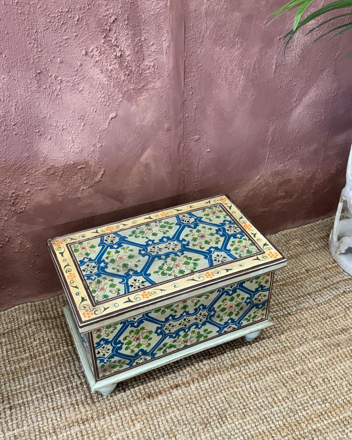 Product Title Hand-Painted Mango Wood Storage Box – Floral & Geometric Design