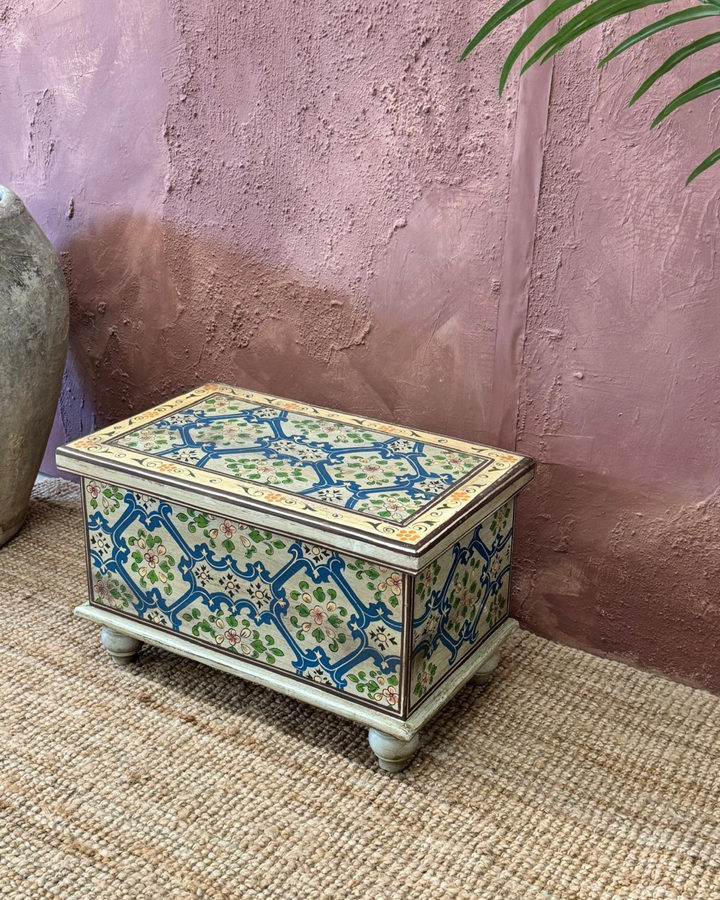 Product Title Hand-Painted Mango Wood Storage Box – Floral & Geometric Design