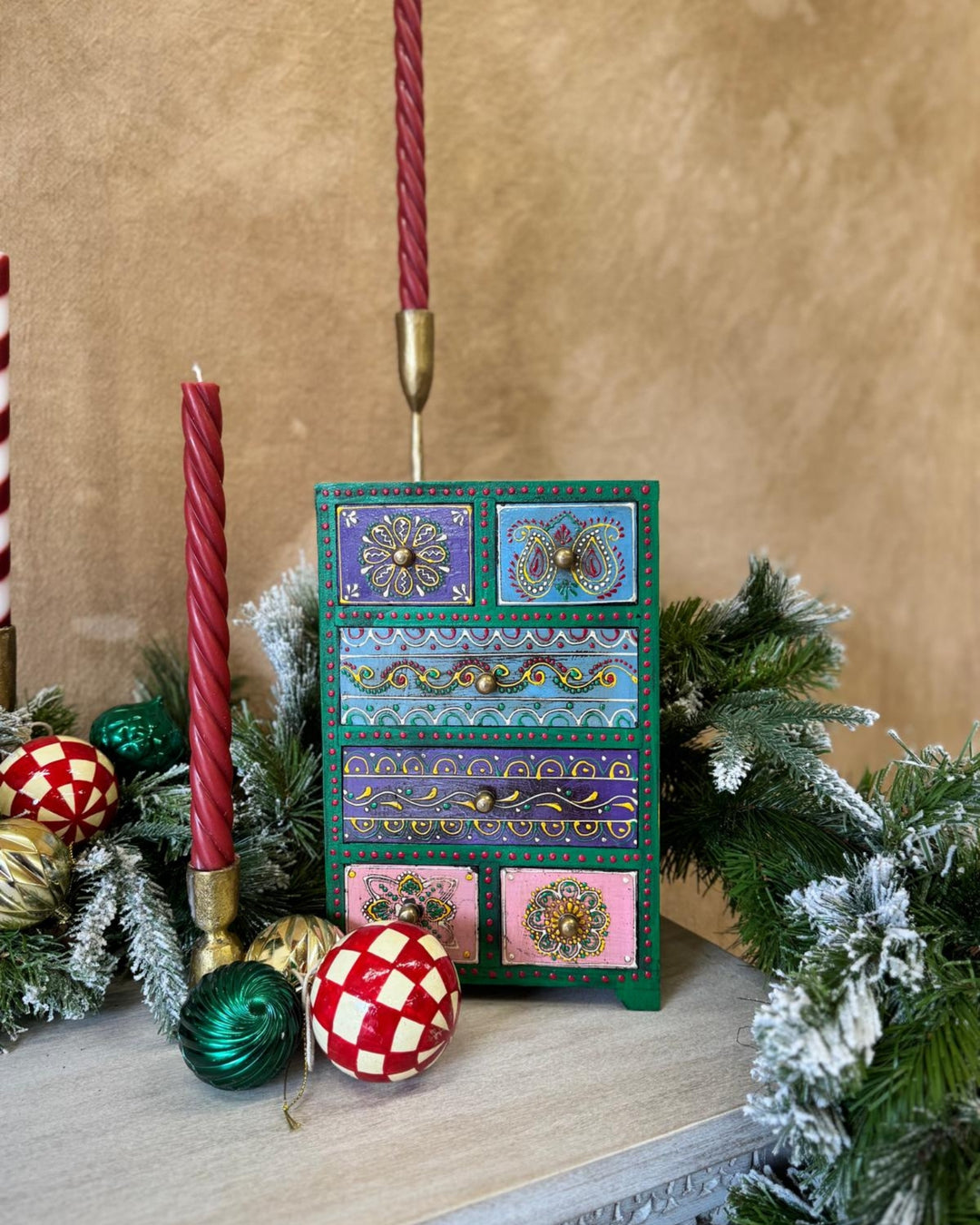 Hand-Painted Mango Wood Jewellery Box – 6 Drawer Tall Trinket Chest