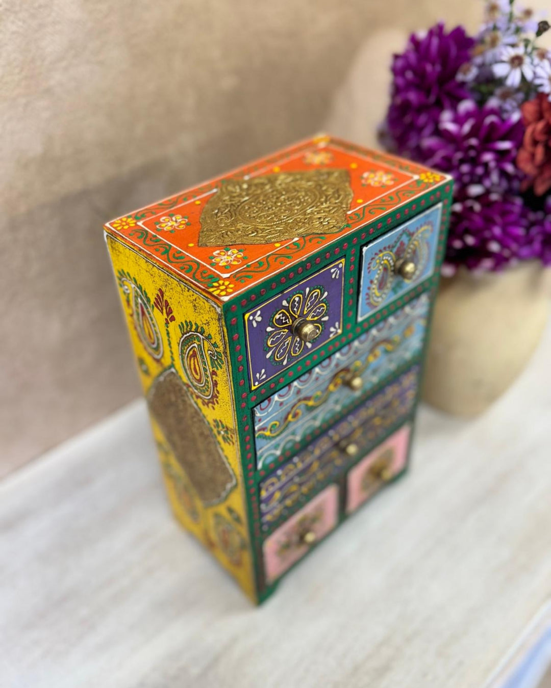 Hand-Painted Mango Wood Jewellery Box – 6 Drawer Tall Trinket Chest