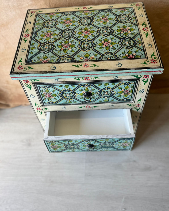 Hand-Painted Mango Wood Bedside Table – Blue Floral Design with Angled Legs
