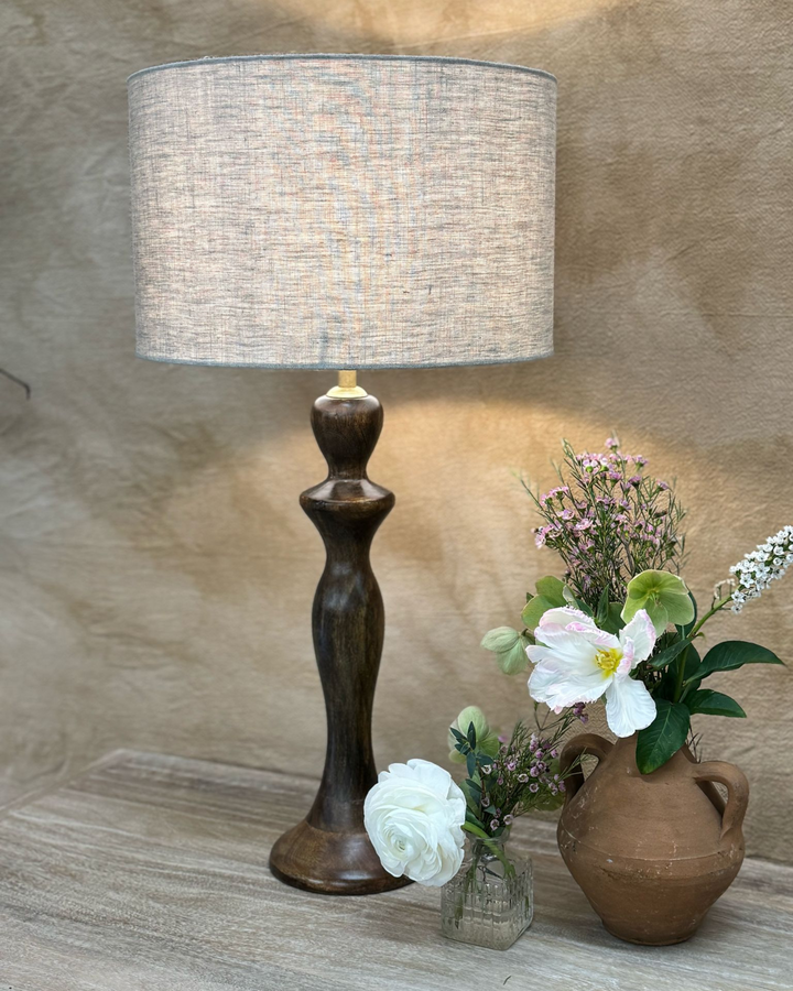 Handcrafted Mango Wood Table Lamp with Linen Shade – Polished Finish