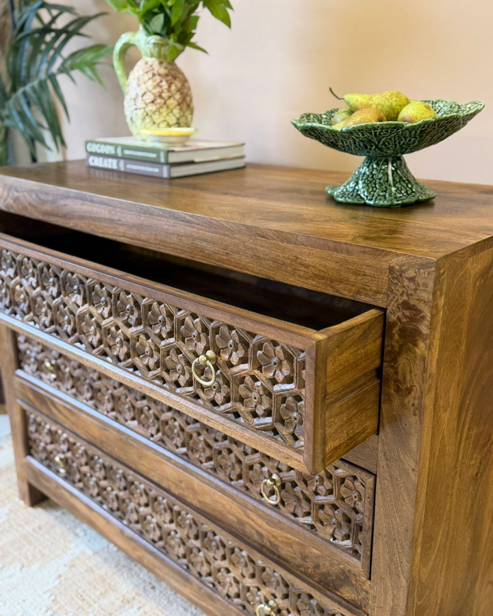 Jali Inspired Hand-Carved Mango Wood Chest of Drawers – Natural Polished Finish