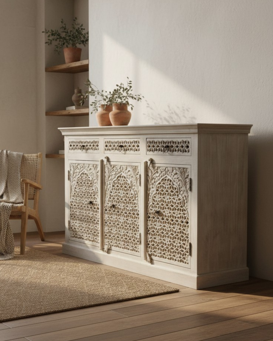 Three Door Three Drawer Mango Wood Sideboard – Creamwashed Jali Design