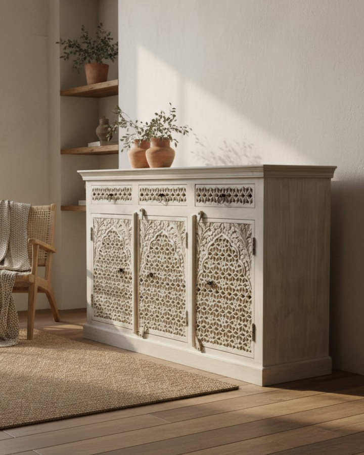 Three Door Three Drawer Mango Wood Sideboard – Creamwashed Jali Design
