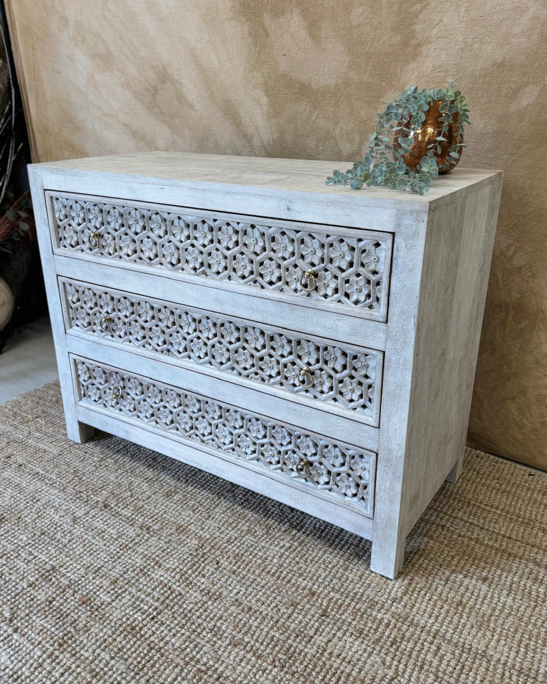 Hand-Carved Mango Wood Three Drawer Chest – Jali Design in Creamwash Finish