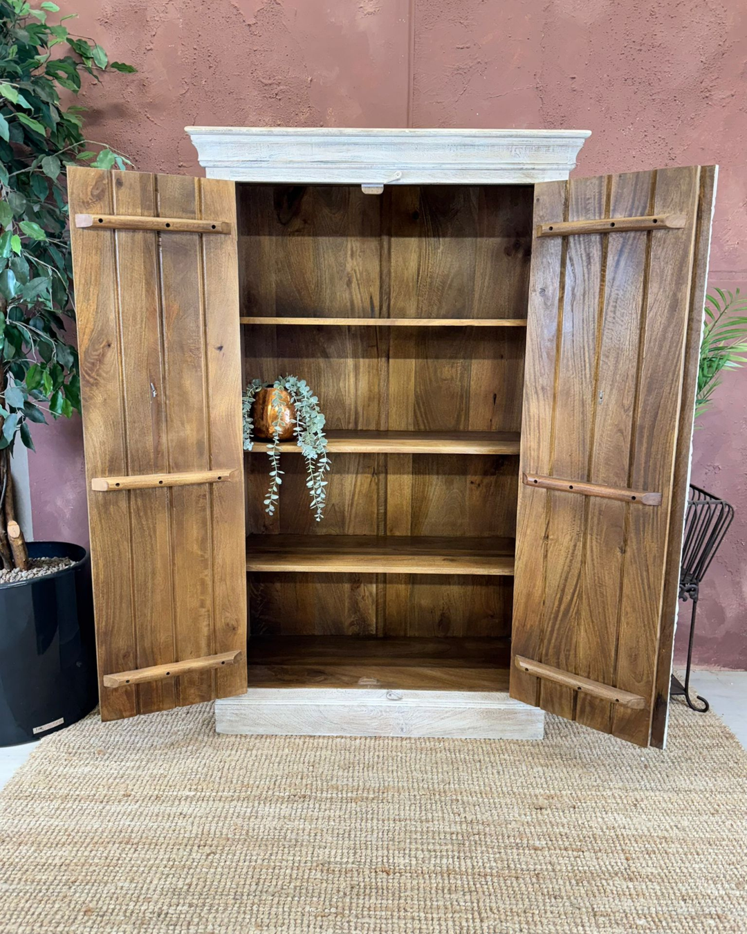 Hand-Carved Mango Wood 2-Door Armoire with Whitewashed Arch Design