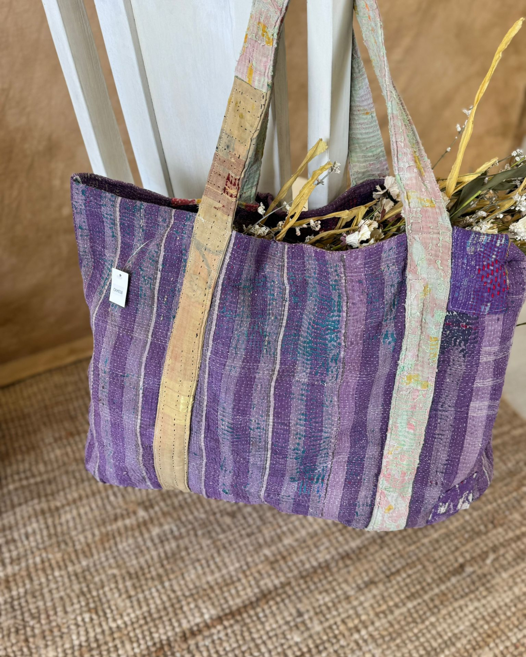 Handmade Upcycled Sari Tote Bag – Purple Stripe | Multi-Purpose Everyday & Beach Bag