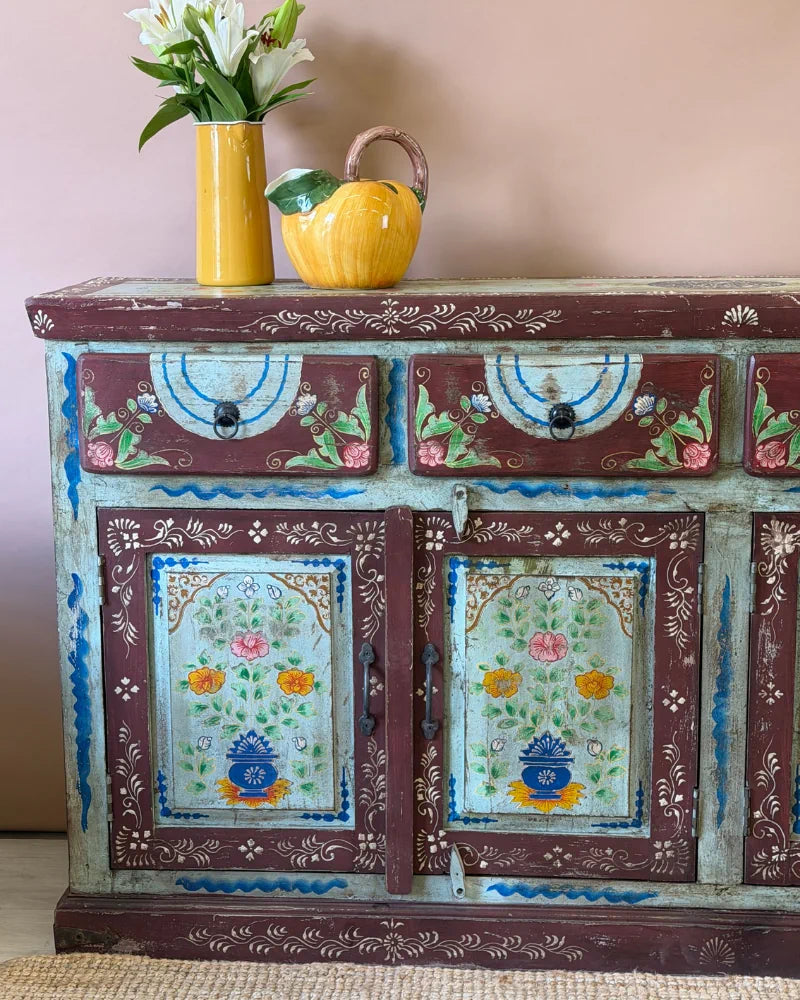 Vintage Hand-Painted Mango Wood Sideboard – 4 Doors, 4 Drawers, Turquoise Finish