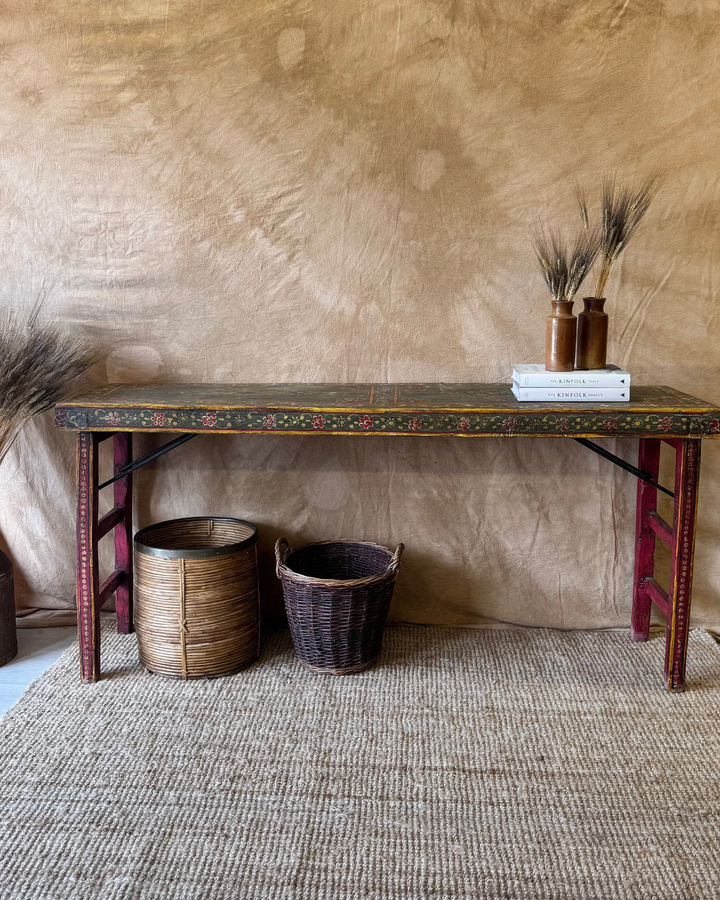 Vintage Hand-Painted Trestle Console Table – Green Floral Pattern