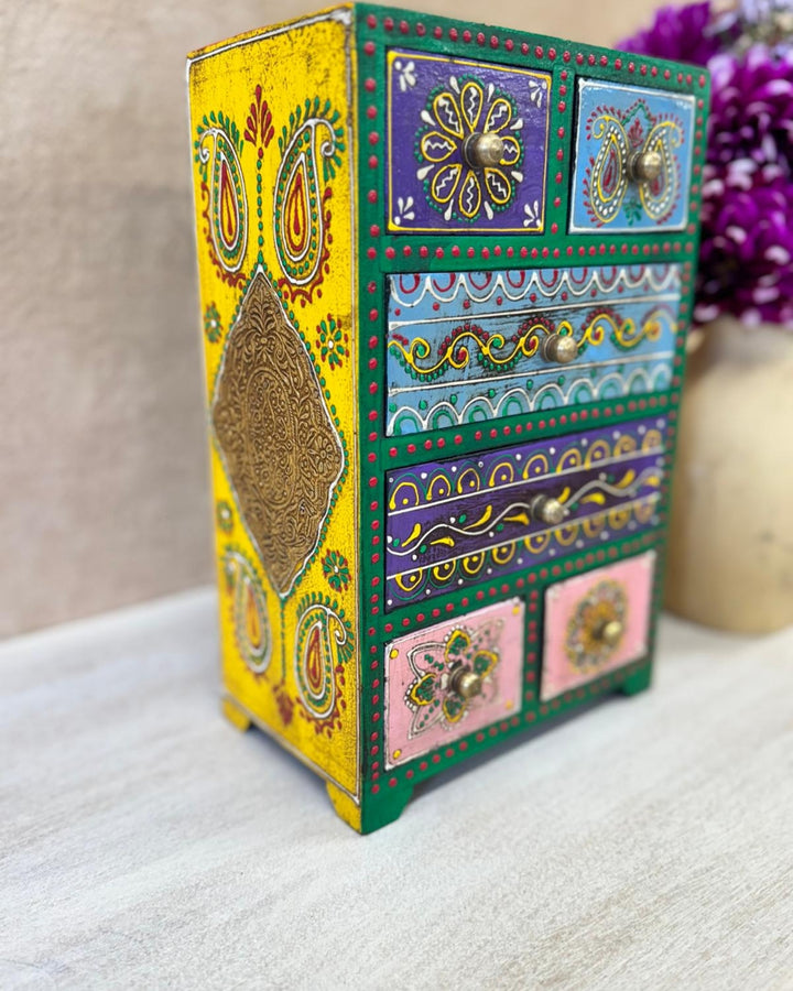 Hand-Painted Mango Wood Jewellery Box – 6 Drawer Tall Trinket Chest