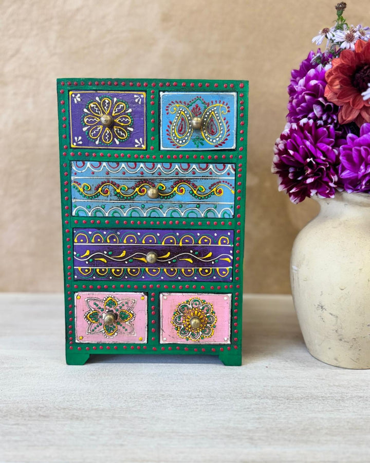 Hand-Painted Mango Wood Jewellery Box – 6 Drawer Tall Trinket Chest