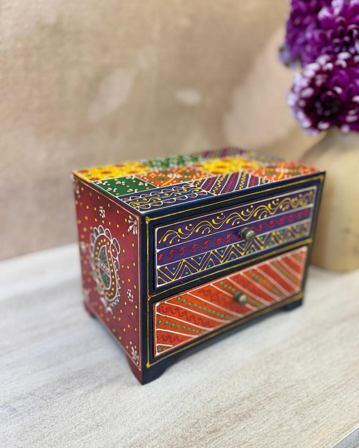 Hand-Painted Mango Wood Jewellery Box – 2 Drawer Trinket Chest with Traditional Motifs