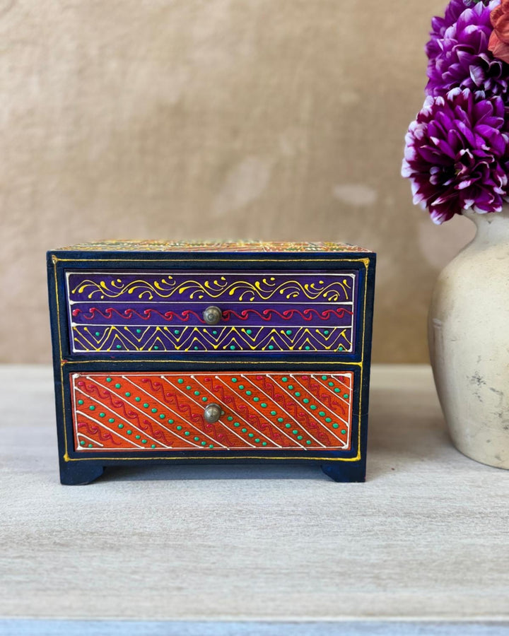 Hand-Painted Mango Wood Jewellery Box – 2 Drawer Trinket Chest with Traditional Motifs