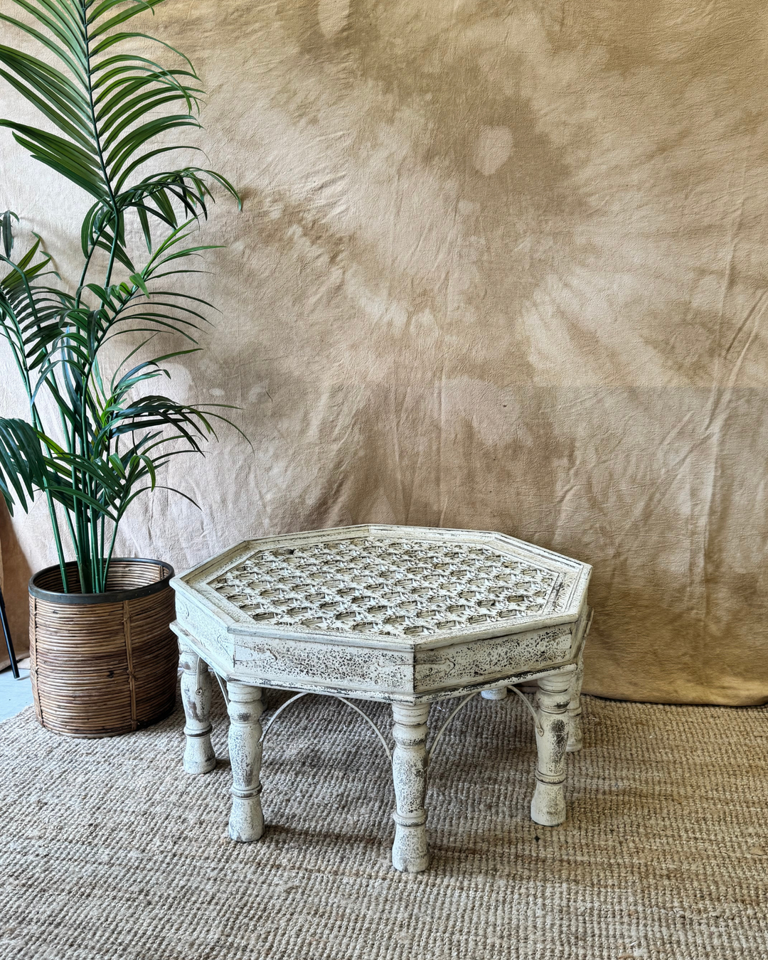 Hand-Carved Octagonal Coffee Tables – Reclaimed Wood with Whitewashed Finish