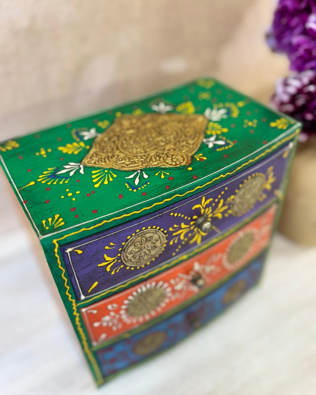 Hand-Painted Mango Wood Jewellery Box – 3 Drawer Curved Trinket Box