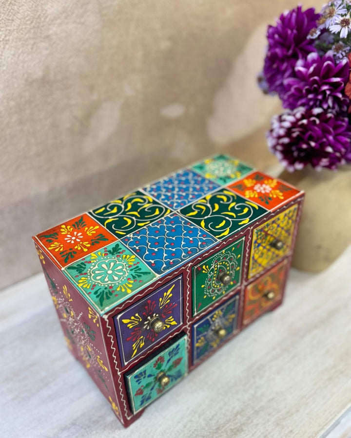 Hand-Painted Mango Wood Jewellery Box – Multi-Drawer Trinket Box with Traditional Indian Motifs