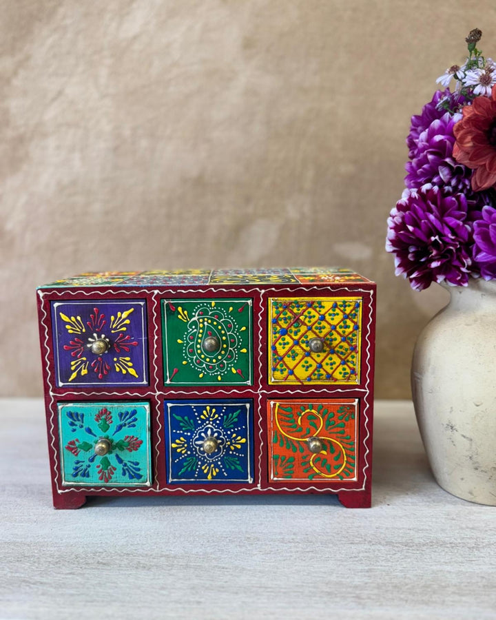Hand-Painted Mango Wood Jewellery Box – Multi-Drawer Trinket Box with Traditional Indian Motifs