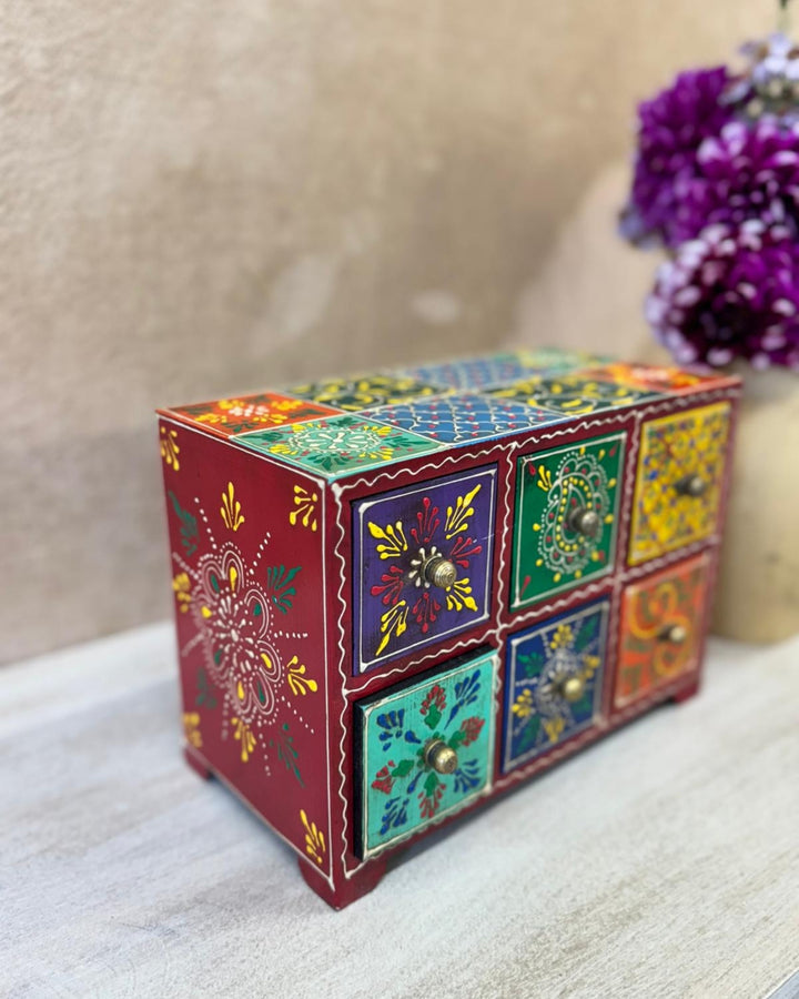 Hand-Painted Mango Wood Jewellery Box – Multi-Drawer Trinket Box with Traditional Indian Motifs