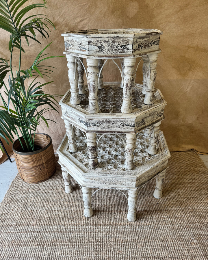 Hand-Carved Octagonal Coffee Tables – Reclaimed Wood with Whitewashed Finish