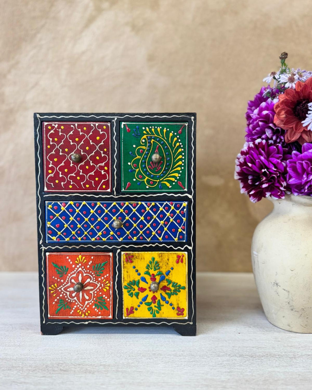 Tall Mango Wood Jewellery Box – Hand-Painted Multi-Drawer Trinket Box