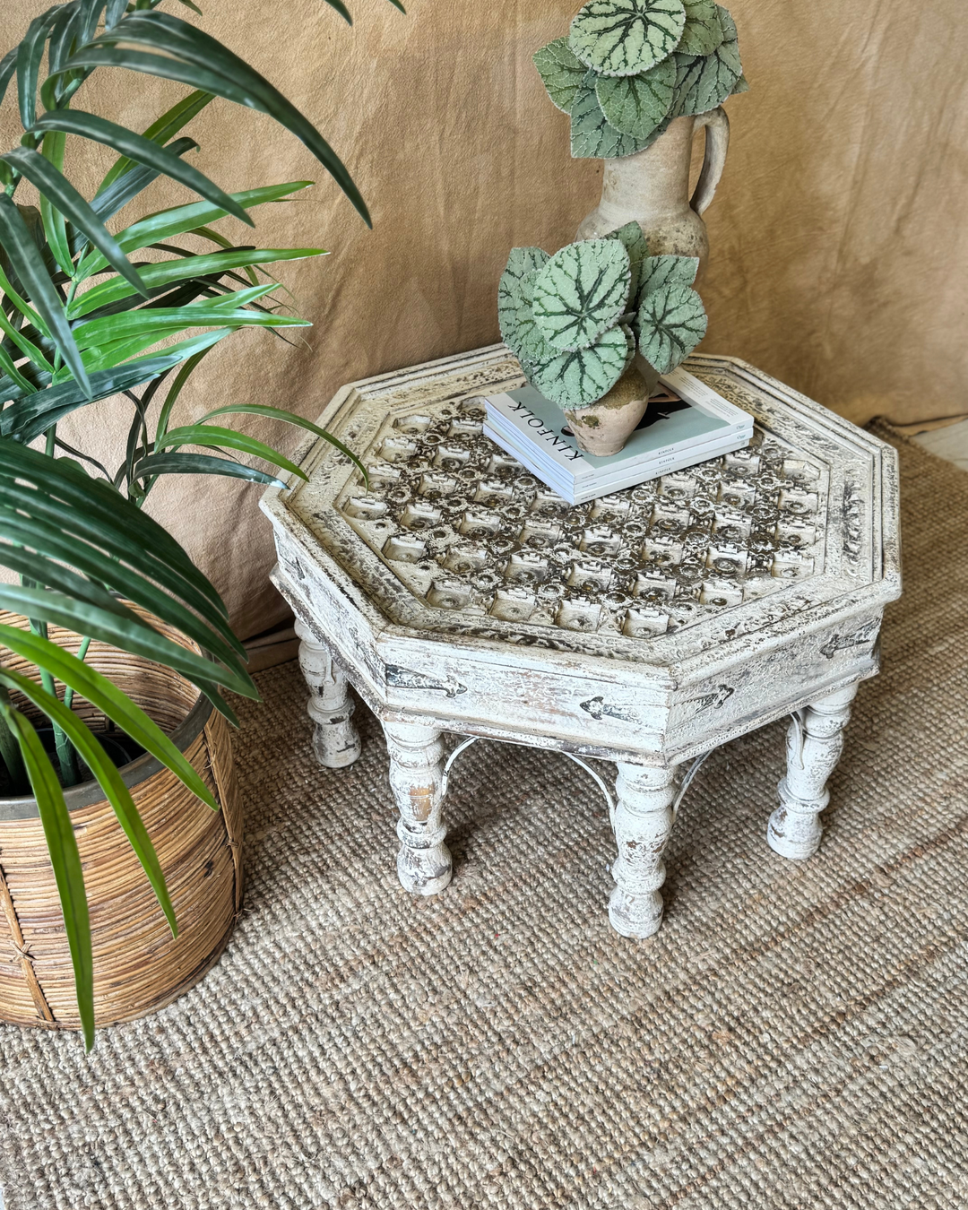 Hand-Carved Octagonal Coffee Tables – Reclaimed Wood with Whitewashed Finish