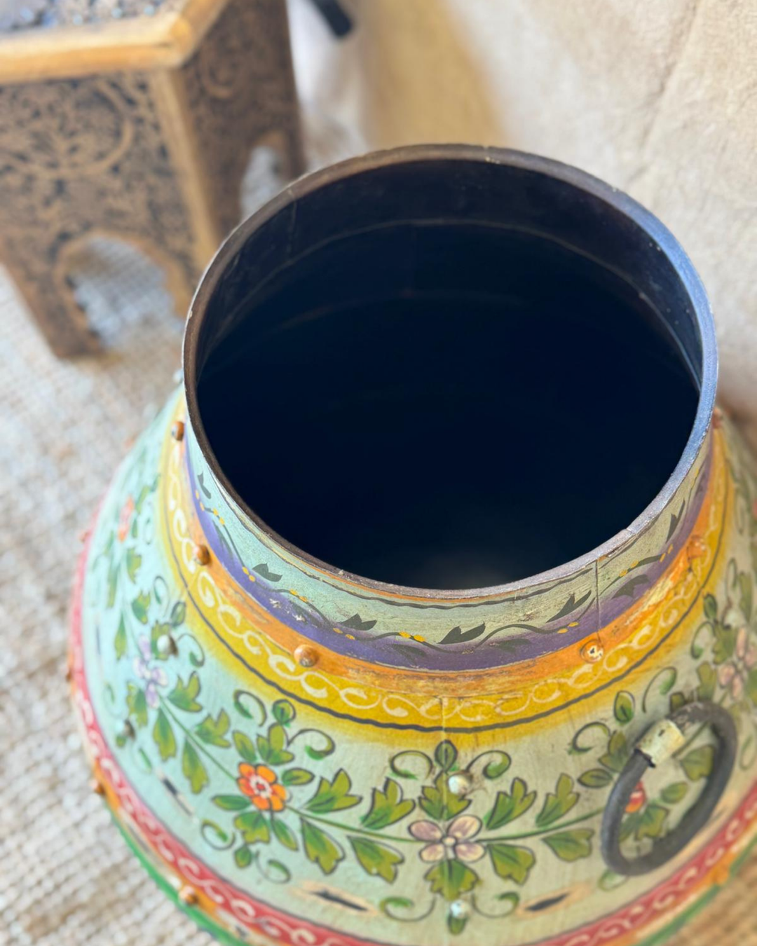 Hand-Painted Iron Pot – Turquoise Floral Design