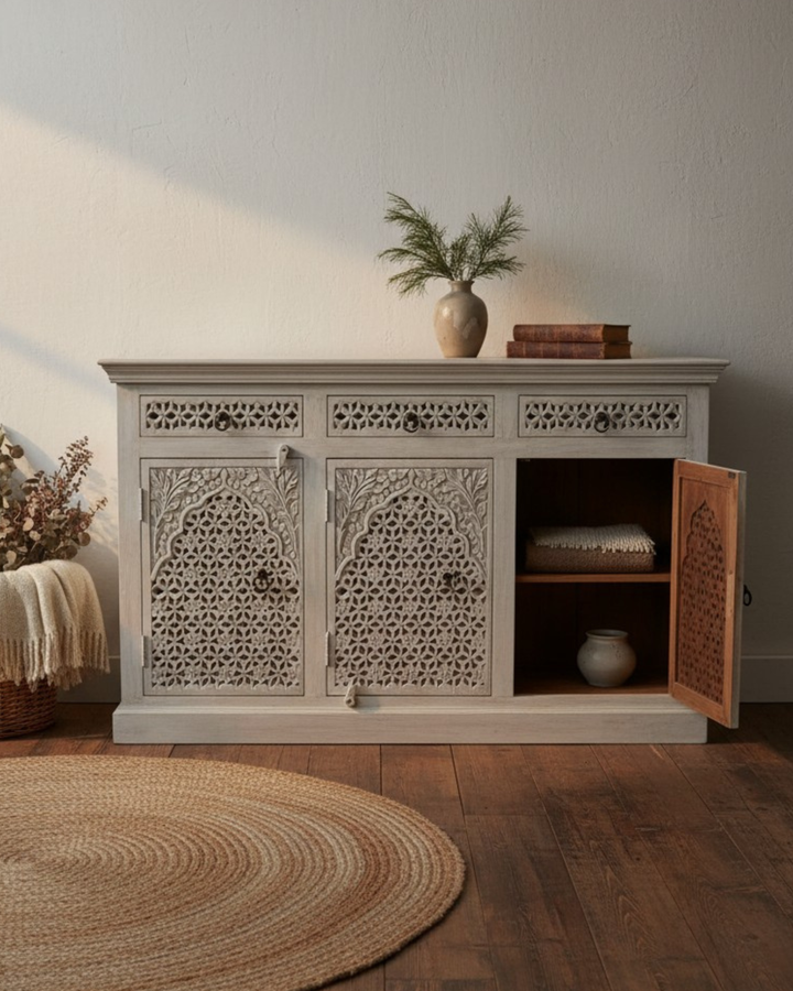 Three Door Three Drawer Mango Wood Sideboard – Creamwashed Jali Design