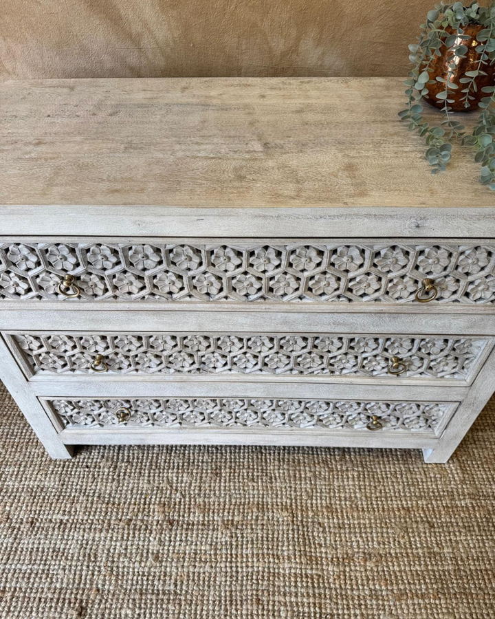 Hand-Carved Mango Wood Three Drawer Chest – Jali Design in Creamwash Finish