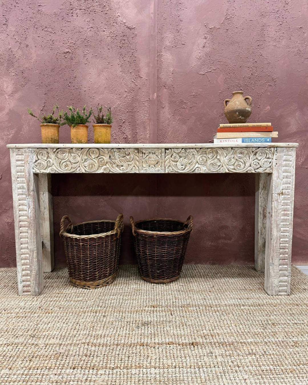 Vintage Whitewashed Console Table Made from Reclaimed Indian Wood