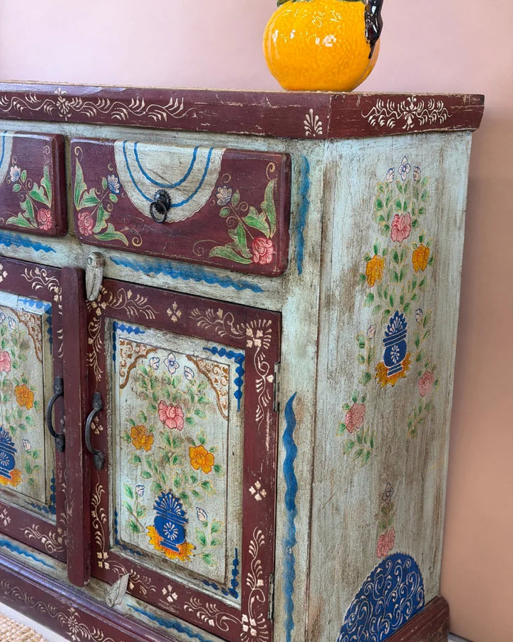 Vintage Hand-Painted Mango Wood Sideboard – 4 Doors, 4 Drawers, Turquoise Finish