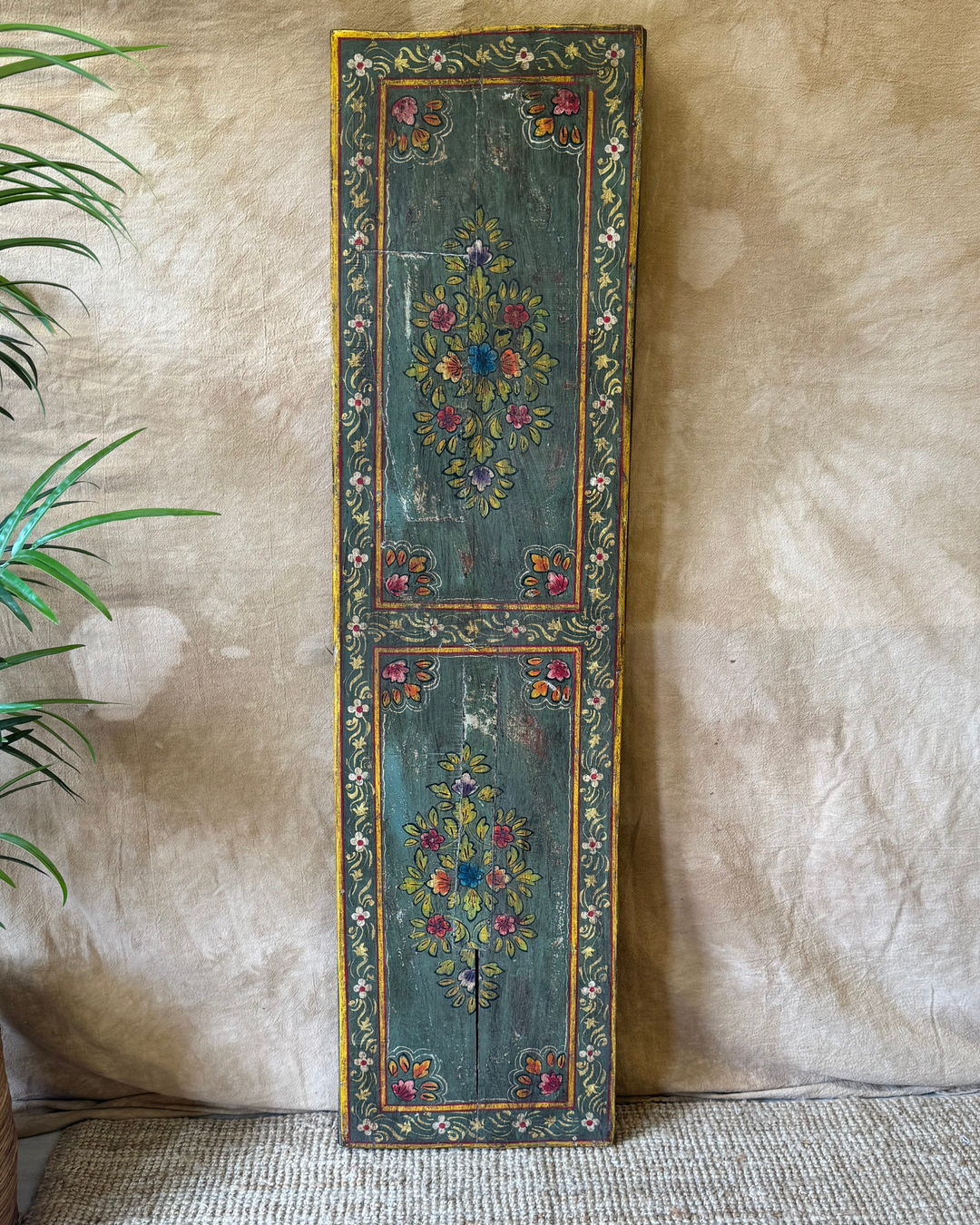 Vintage Hand-Painted Trestle Console Table – Green Floral Pattern