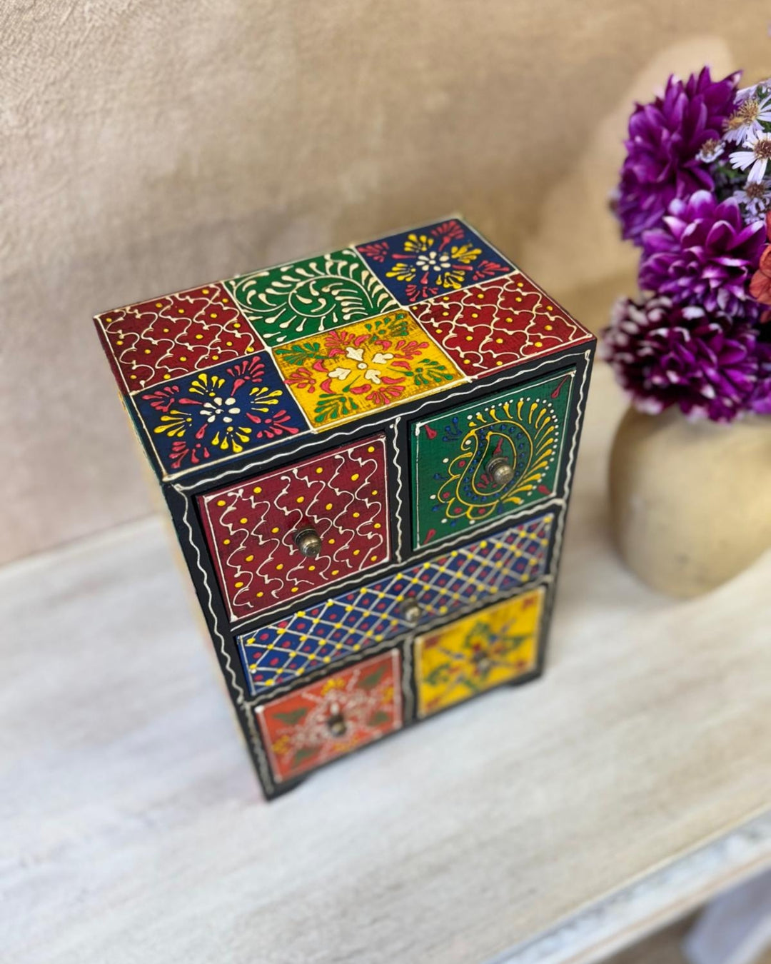 Tall Mango Wood Jewellery Box – Hand-Painted Multi-Drawer Trinket Box
