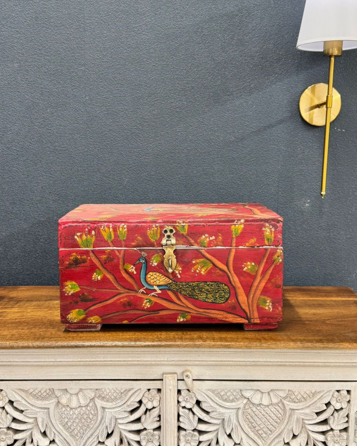 Vintage Hand-Painted Indian Storage Box with Peacock Design