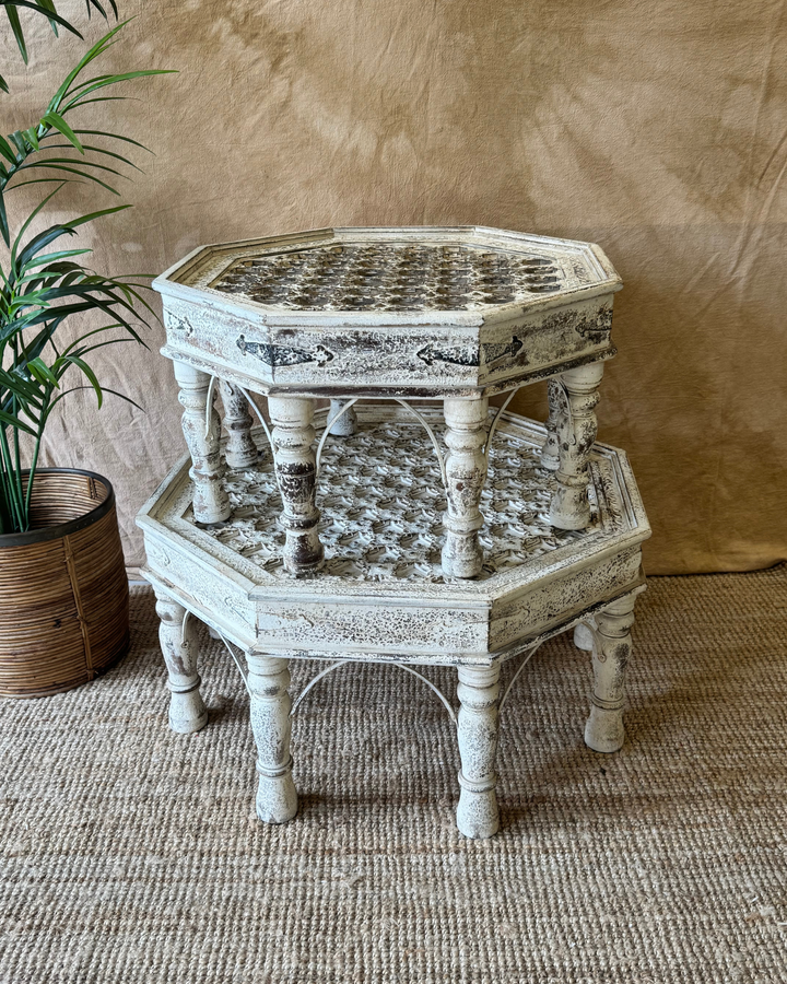 Hand-Carved Octagonal Coffee Tables – Reclaimed Wood with Whitewashed Finish