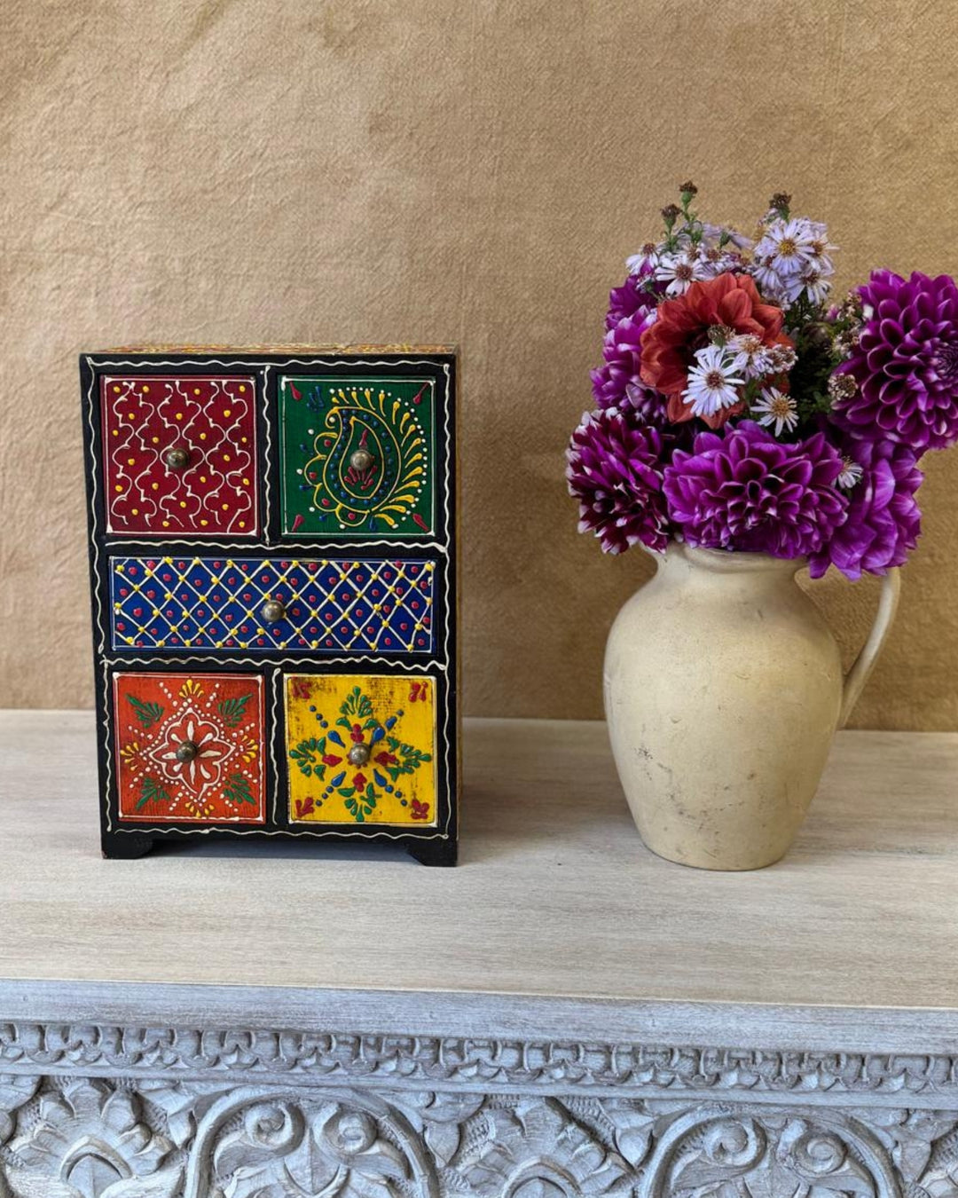 Tall Mango Wood Jewellery Box – Hand-Painted Multi-Drawer Trinket Box