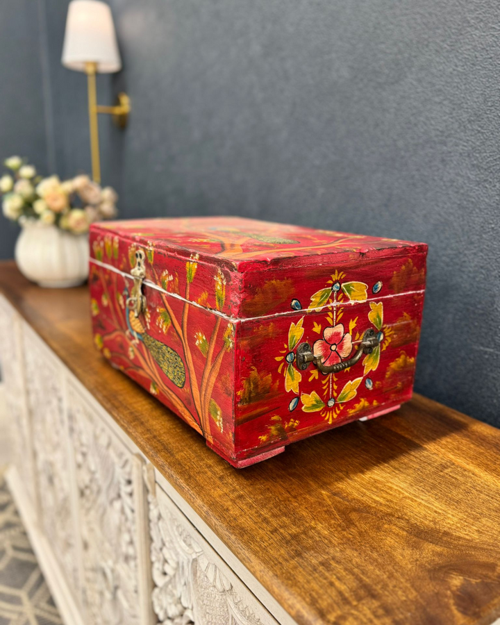 Vintage Hand-Painted Indian Storage Box with Peacock Design