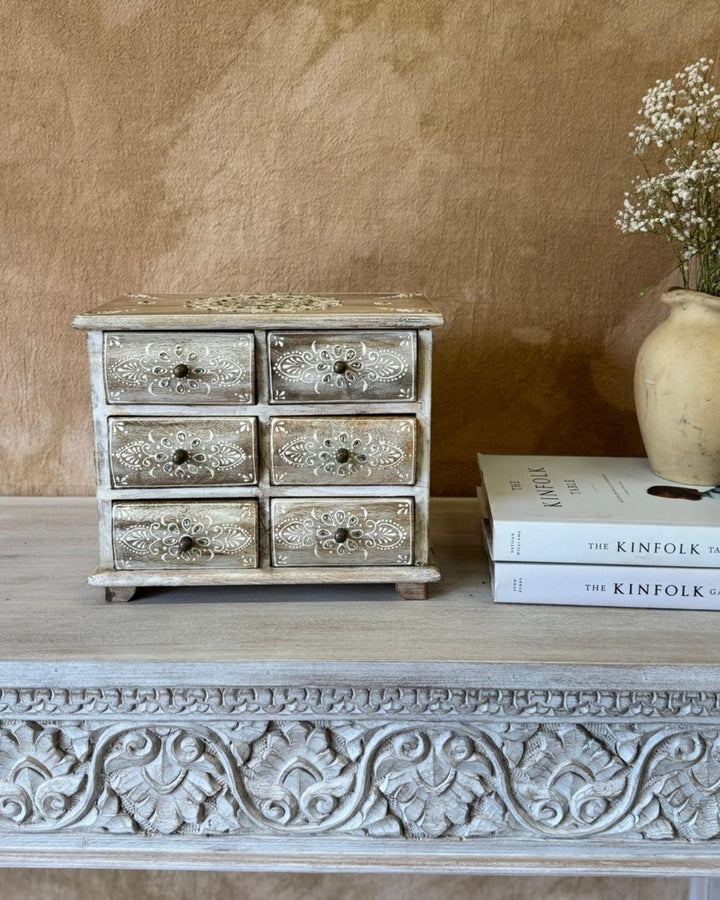Hand-Carved Mango Wood Jewellery Chest – 6 Drawer Box in Whitewashed Finish