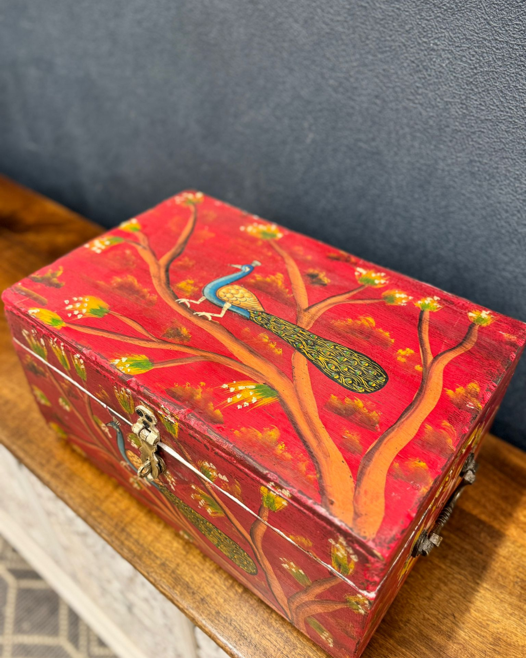 Vintage Hand-Painted Indian Storage Box with Peacock Design