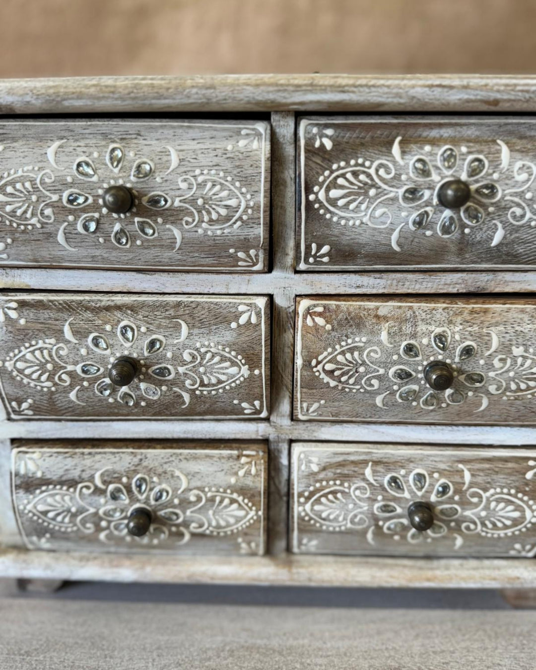 Hand-Carved Mango Wood Jewellery Chest – 6 Drawer Box in Whitewashed Finish