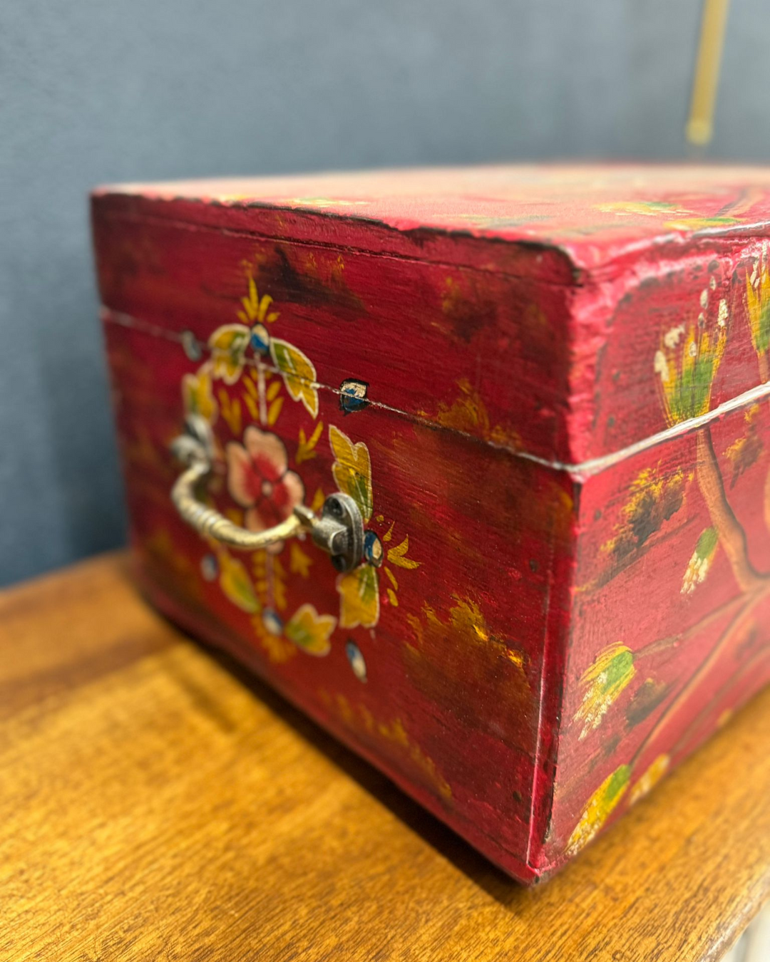 Vintage Hand-Painted Indian Storage Box with Peacock Design