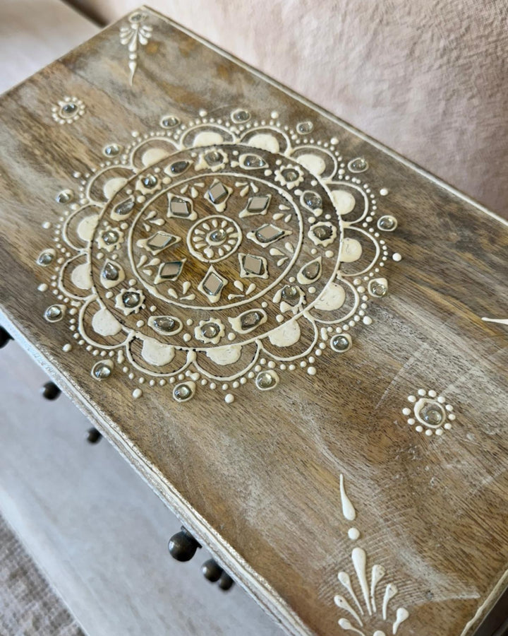 Hand-Carved Mango Wood Jewellery Chest – 6 Drawer Box in Whitewashed Finish