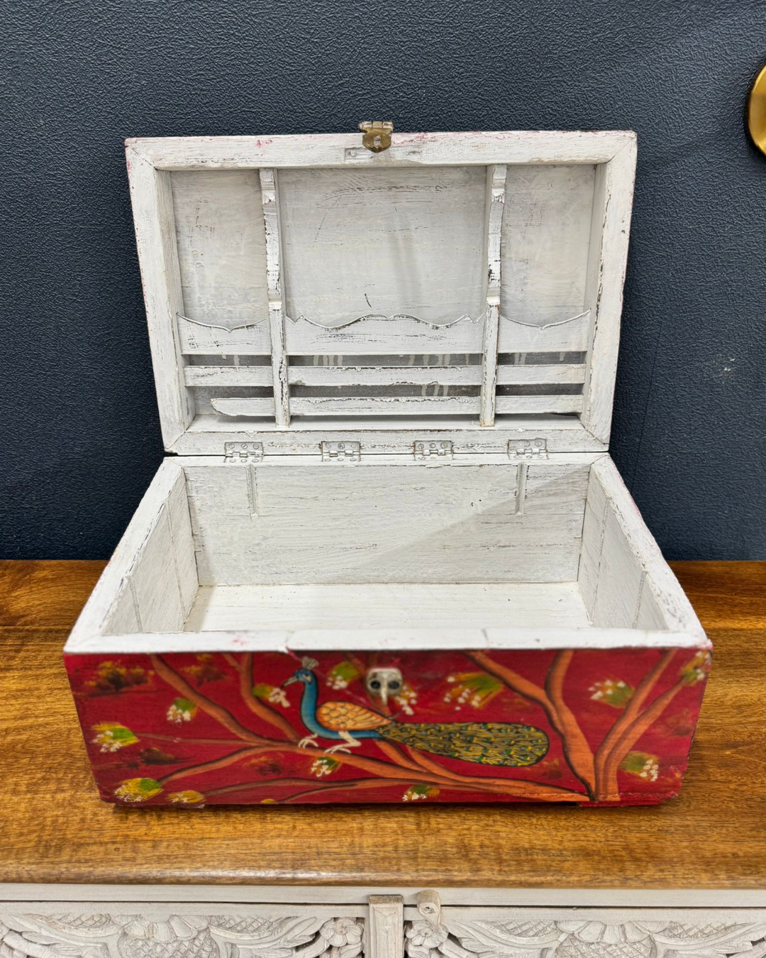 Vintage Hand-Painted Indian Storage Box with Peacock Design