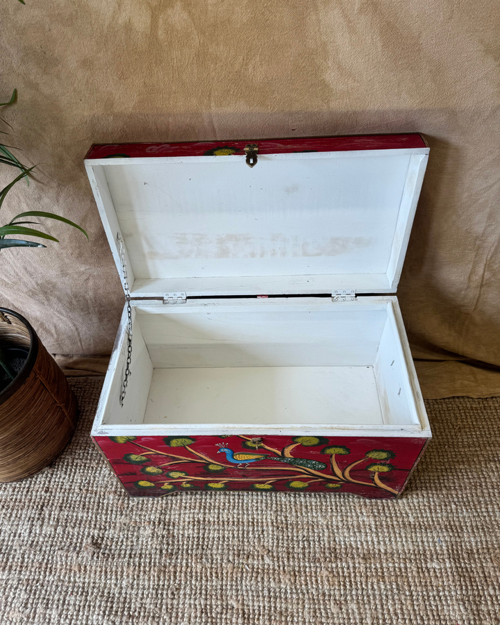 Hand-Painted Teak Storage Trunk – Red Finish with Peacock Motif