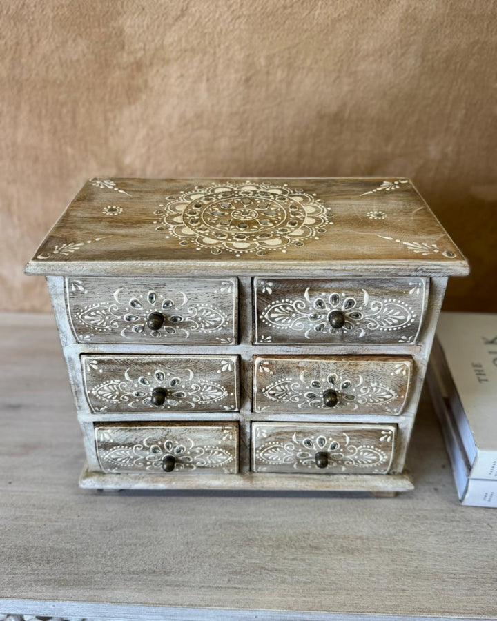 Hand-Carved Mango Wood Jewellery Chest – 6 Drawer Box in Whitewashed Finish