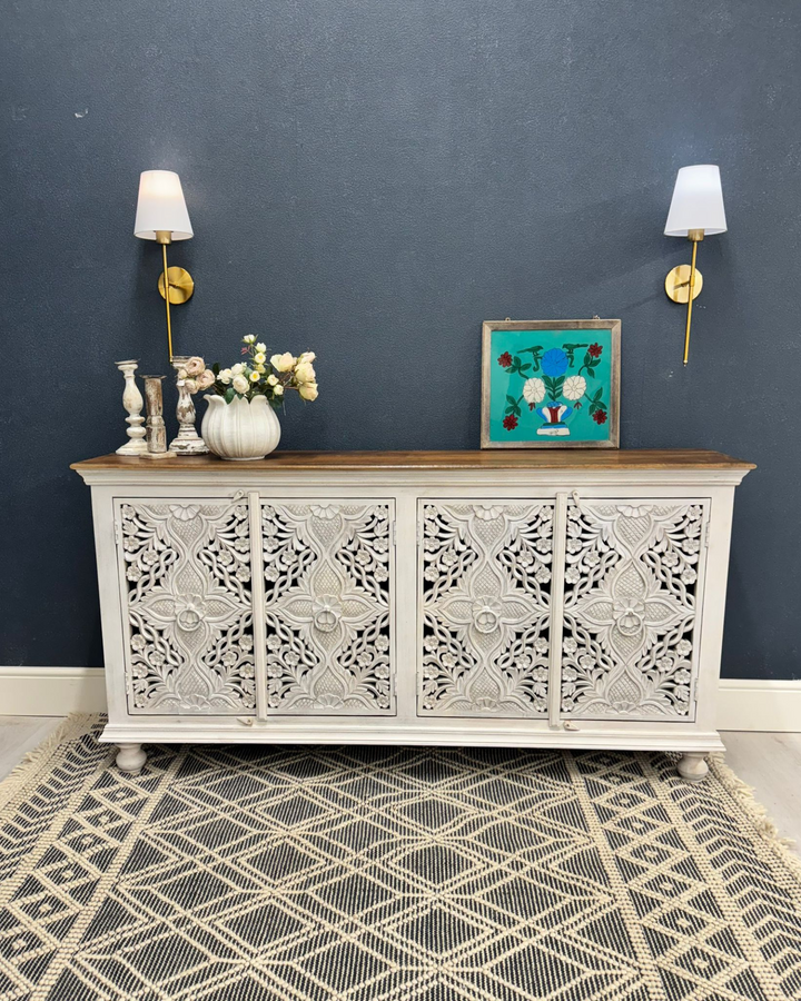 Hand-Carved Mango Wood Sideboard – Whitewashed with Polished Top