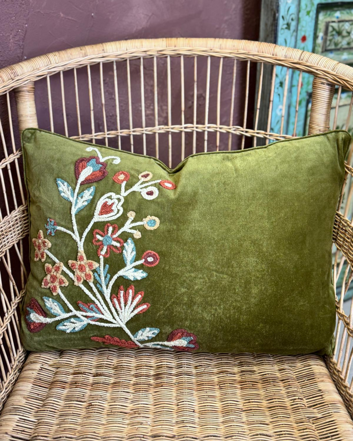 Embroidered Velvet Cushion Cover – Olive Green with Vintage Floral Detail (40x60cm)