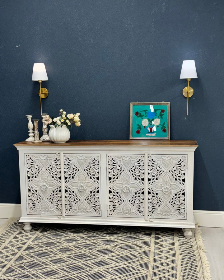 Hand-Carved Mango Wood Sideboard – Whitewashed with Polished Top